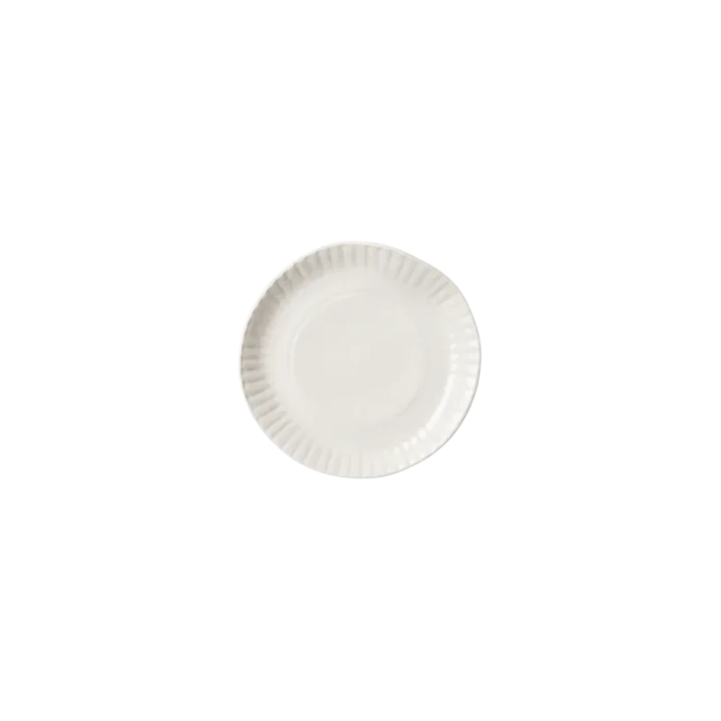 SIN Porcelain Paper Plate -- handcrafted trompe l'oeil porcelain, white glazed plate with pressed paper plate ridges on warm gray background