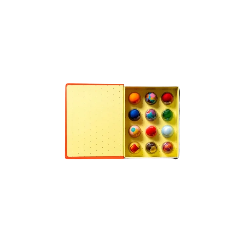 Stick With Me Sweets 12 pc Bonbon Box — artisan chocolate bonbons in book-shaped gift box, 12 hand-painted jewel-toned pieces on marble
