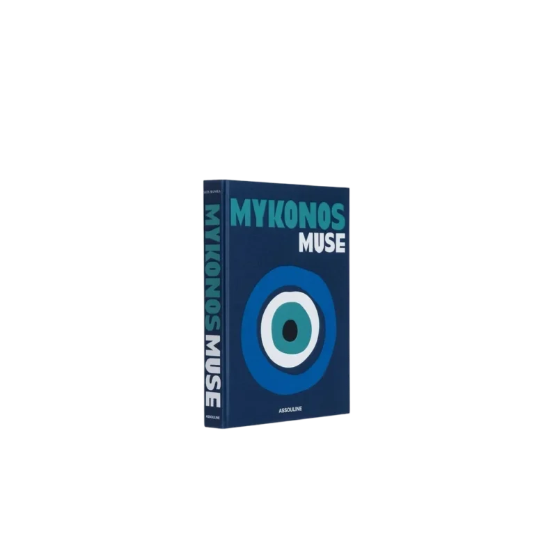Assouline Mykonos Muse — silk hardcover coffee table book, navy blue cover with evil eye motif in blue and teal
