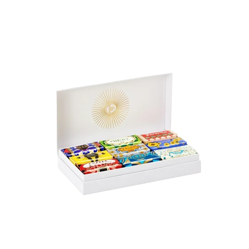 Claus Porto Deco 9 Mini Soaps Gift Box — nine bar soaps in Art Deco wrappers displayed in white box with gold CP monogram