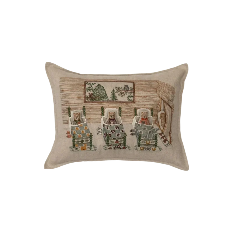 Coral & Tusk Three Little Bears Pocket Pillow — embroidered linen pillow, three bears in log beds with patchwork quilts and woodland scene