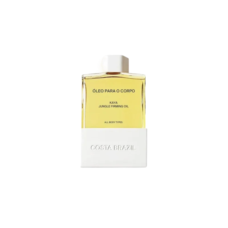 Costa Brazil Kaya Jungle Firming Body Oil. Amber glass bottle with golden oil and white ceramic base embossed with Costa Brazil logo.