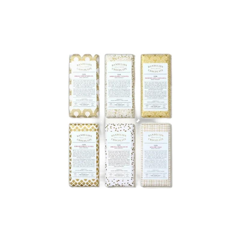 Dandelion Chocolate Six-Bar Gift Set — six single-origin 70% dark chocolate bars with gold foil and recycled cotton wrappers
