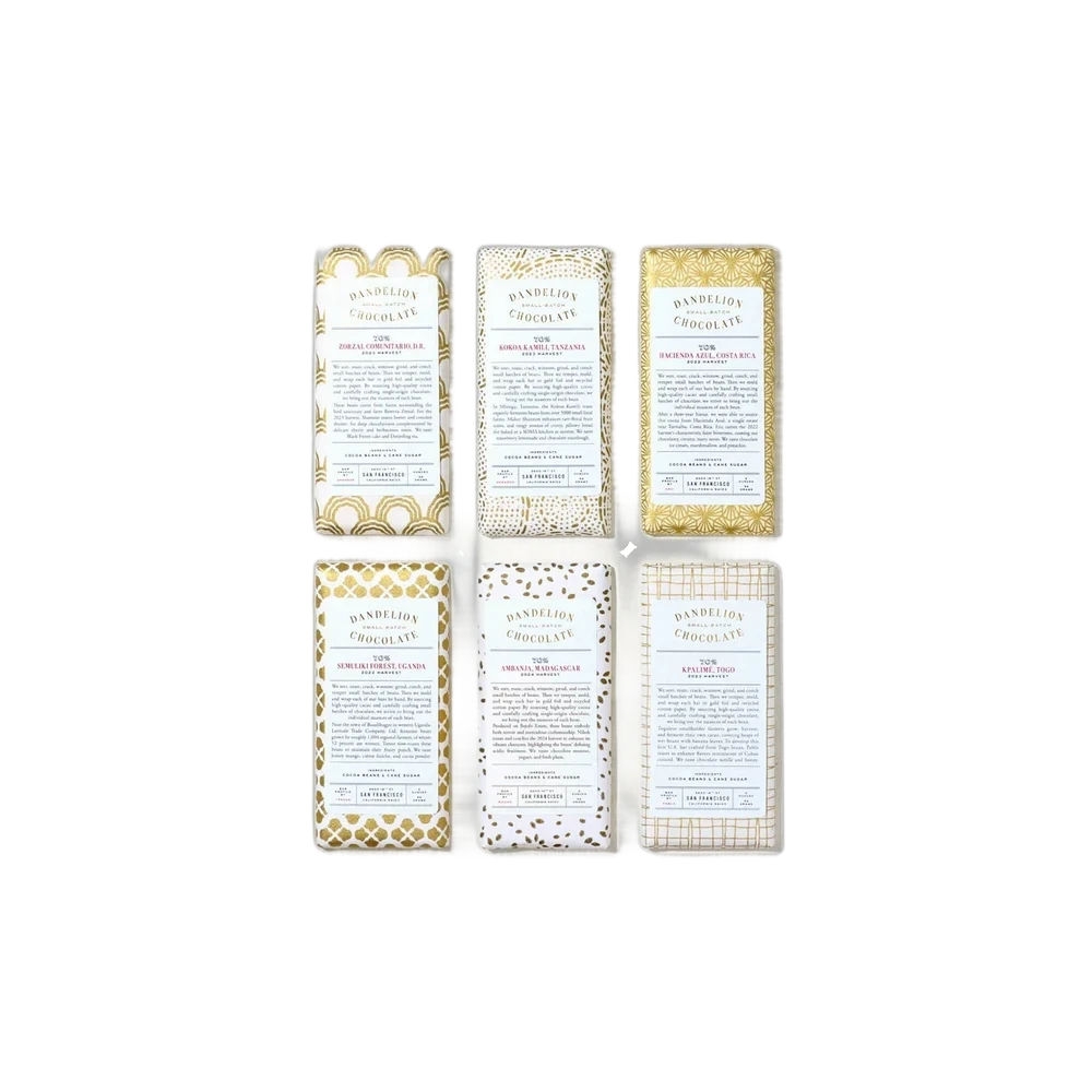 Dandelion Chocolate Six-Bar Gift Set — six single-origin 70% dark chocolate bars with gold foil and recycled cotton wrappers