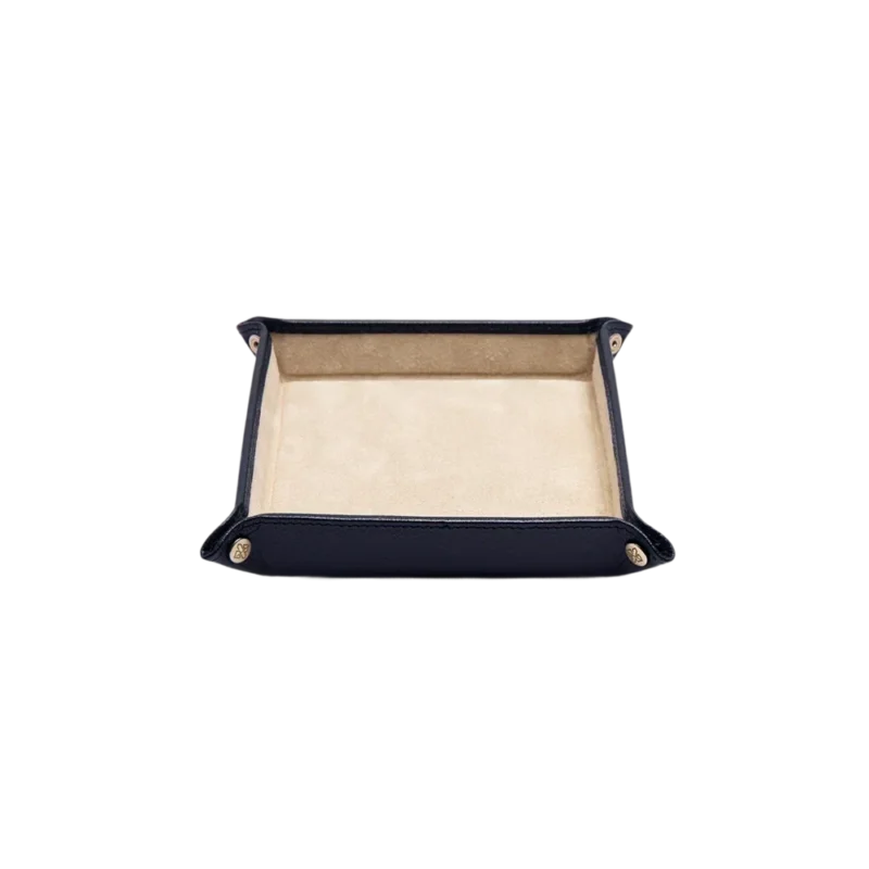 Ettinger Capra Ecru Square Valet Tray — leather valet tray, marine blue goatskin exterior with ecru suede Ettinger Capra Ecru Square Valet Tray — leather valet tray, marine blue goatskin exterior with ecru suede interior, monogrammed snap buttons at corners