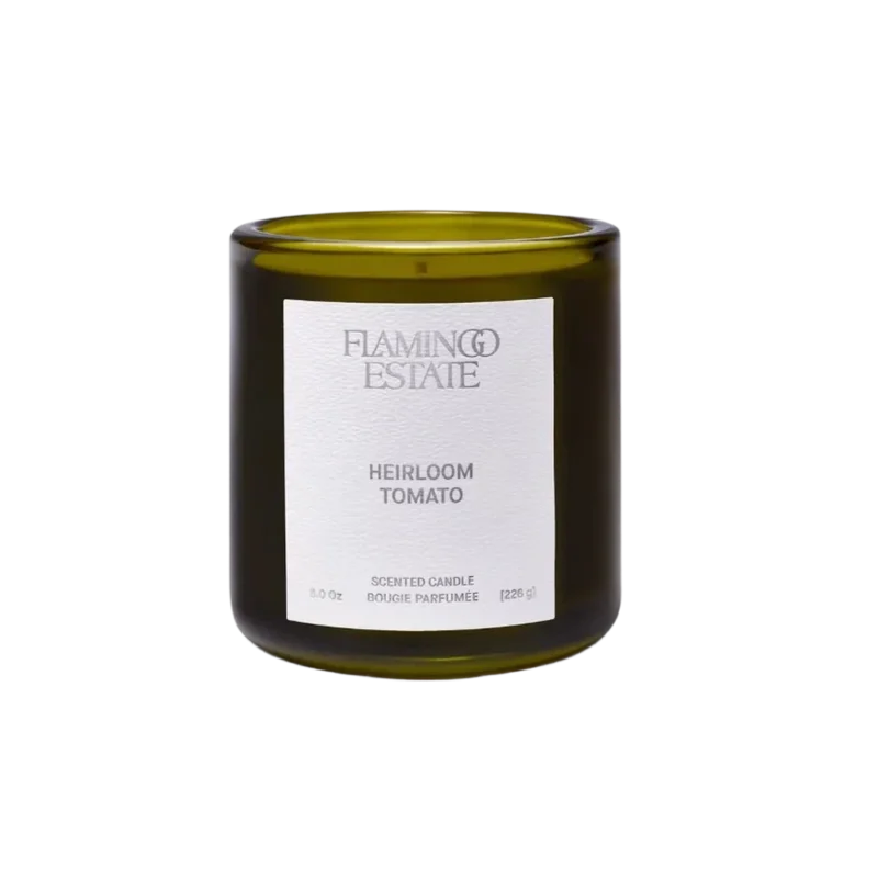 Flamingo Estate Roma Heirloom Tomato Candle — soy candle in recycled green glass jar with white label