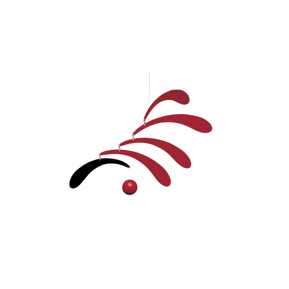 Flensted Flowing Rhythm Mobile — hanging kinetic mobile, red curved elements with black accent and red sphere
