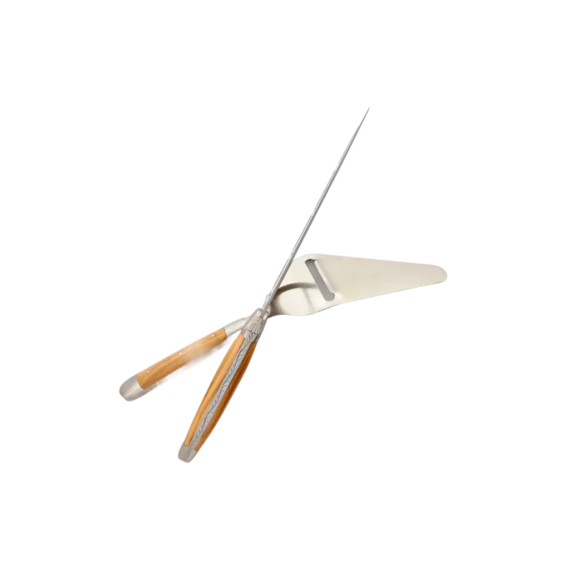 Forge de Laguiole Barthélemy Cheese Knife Set — olivewood-handled cheese knife and mouchette slicer crossed on light background