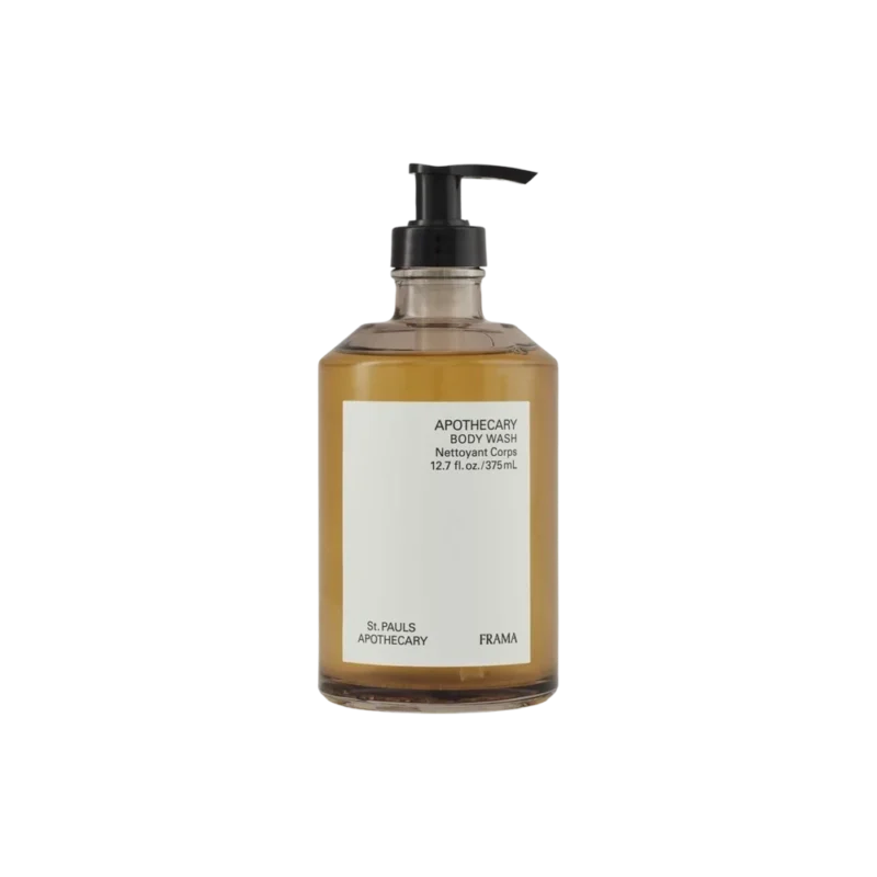 Frama Apothecary Body Wash — plant-based body cleanser in amber Italian glass bottle with black pump, St. Pauls Apothecary label