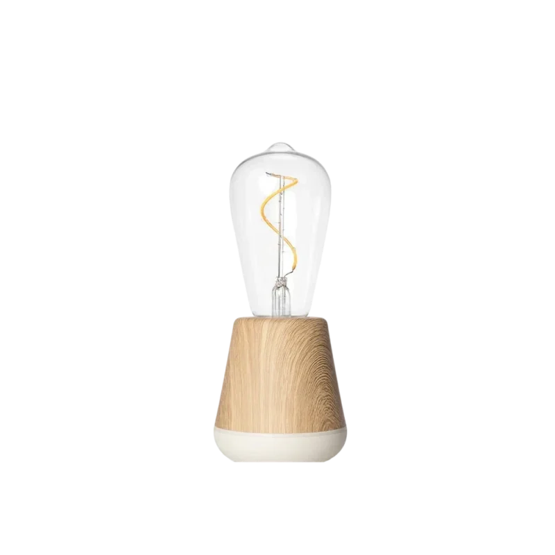 Humble One Table Light — cordless Edison-filament LED lamp, oak wood base with white bottom and clear glass bulb