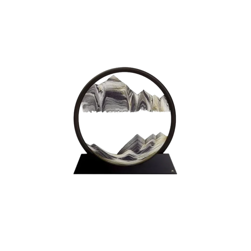 KB Collection Deep Sea Pacific Moving Sand Art — kinetic sand picture, round glass disc with black and white sand landscape on lacquered wood base