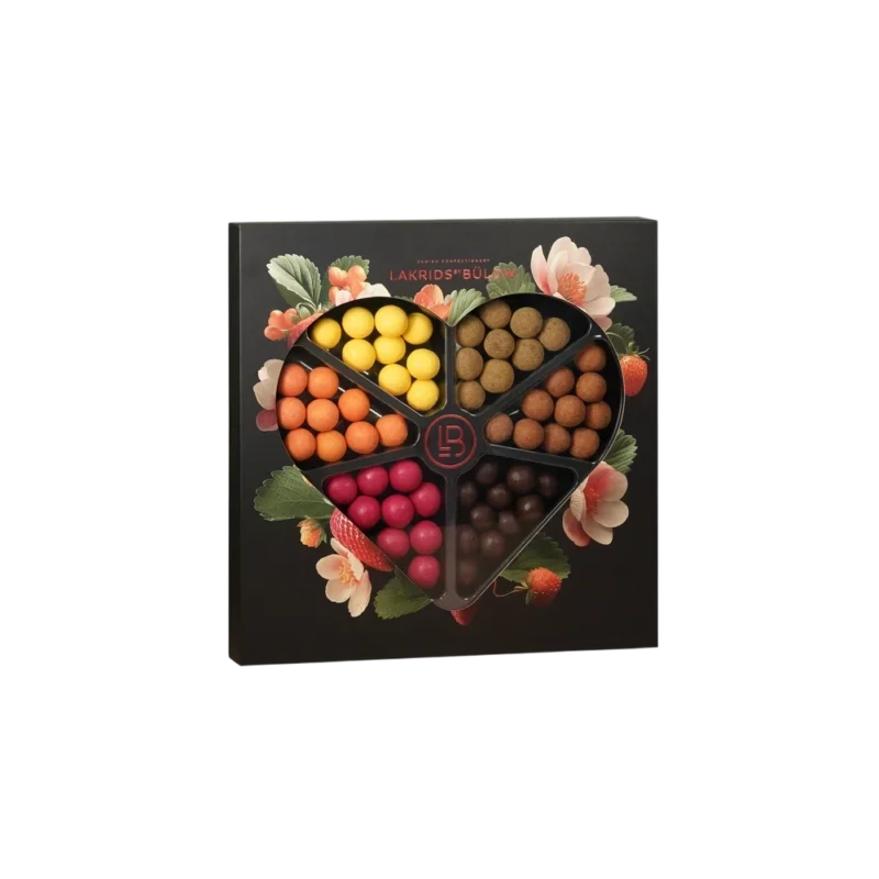 Lakrids by Bülow Love Selection Box - heart-shaped Danish licorice gift box with seven chocolate-coated flavors in black floral packaging