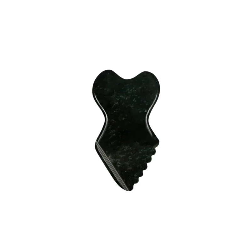 Lanshin Pro Gua Sha Tool — patented nephrite jade facial tool, dark green stone with sculpting edges and comb detail