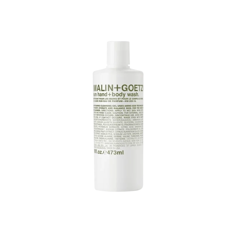 Malin+Goetz Rum Hand+Body Wash — foaming body wash, white bottle with olive text and clear label