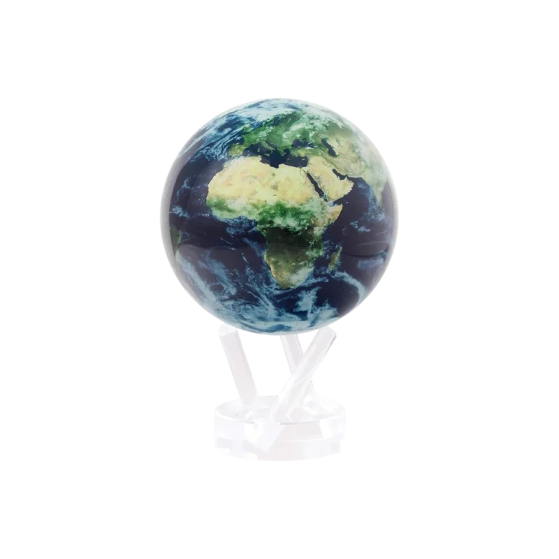 MOVA Globe Earth with Clouds — self-rotating globe with NASA satellite imagery showing Africa and Europe, clear acrylic stand