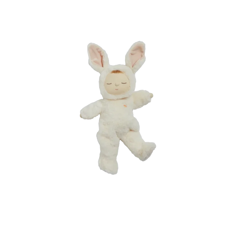 Olli Ella Cozy Dinkum Bunny Moppet -- weighted plush doll in cream bunny suit, embroidered sleeping face with rainbow chest detail