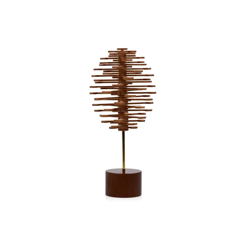 PlayableART Helicone Executive Edition — Fibonacci kinetic sculpture, 38 laser-cut plywood arms on brass rod in pine cone form with wooden display stand