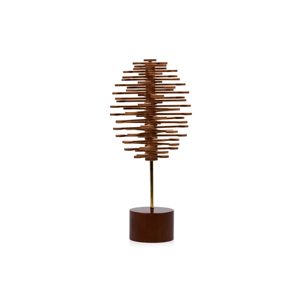 PlayableART Helicone Executive Edition — Fibonacci kinetic sculpture, 38 laser-cut plywood arms on brass rod in pine cone form with wooden display stand