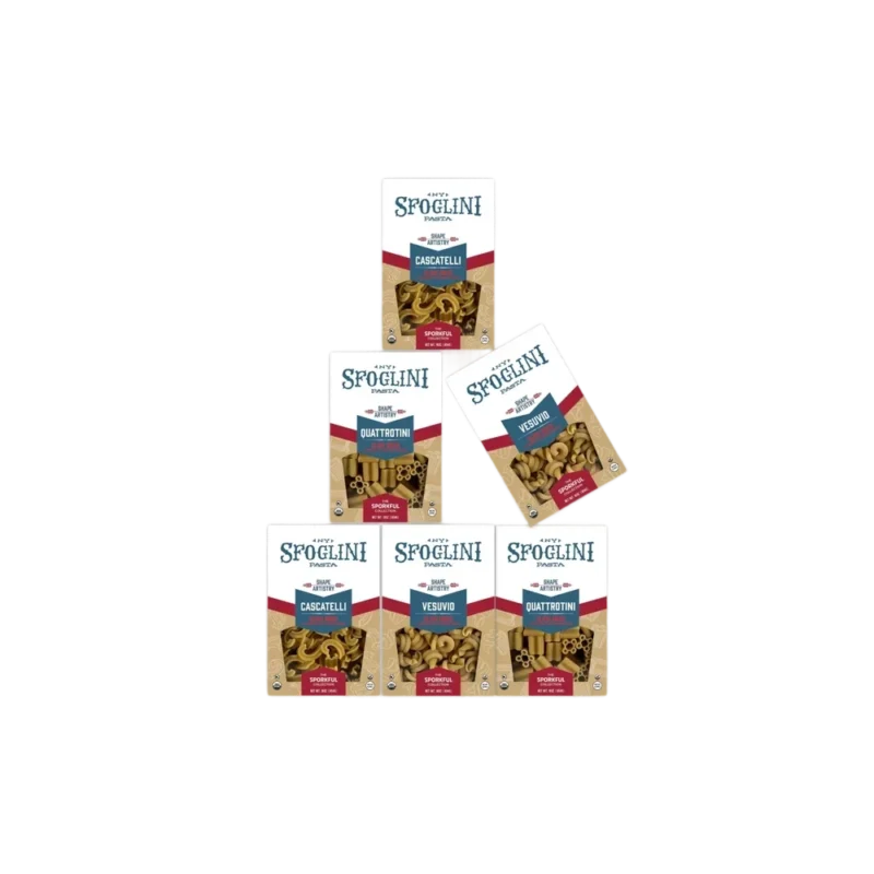 Sfoglini Sporkful Collection Variety Pack — six boxes of pasta in three shapes, cascatelli, quattrotini, and vesuvio visible through clear windows on white and kraft packaging