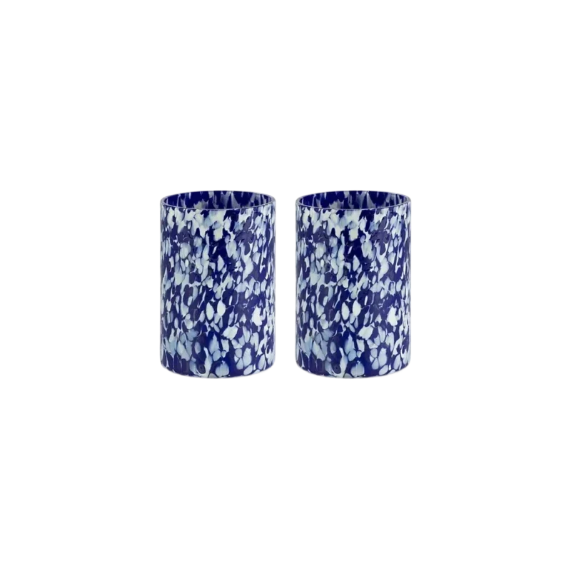 Stories of Italy Macchia su Macchia Tumblers Set of 2 — mouth-blown Murano glass tumblers, blue and ivory opaque speckled pattern