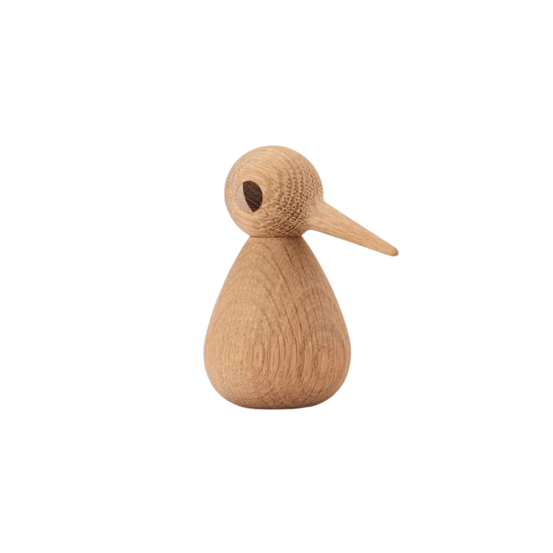 Architectmade Bird Large Natural Oak — hand-turned oak sculpture, spherical head with wenge wood eye and pointed beak on pear-shaped body