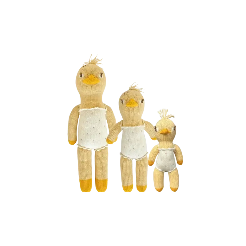 Blabla Kids Lucille the Duck — hand-knit cotton doll in three sizes, yellow with white polka-dot apron and embroidered eyelashes