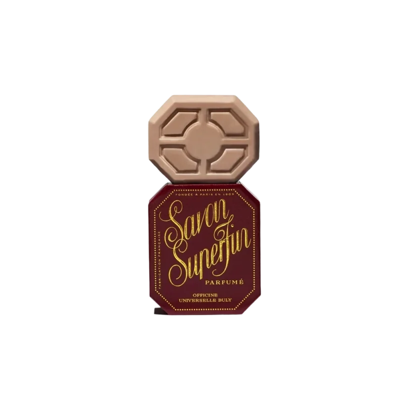 Buly 1803 Savon Superfin Tuberose -- geometric soap bar with octagonal faceted surface, burgundy box with gold calligraphy lettering