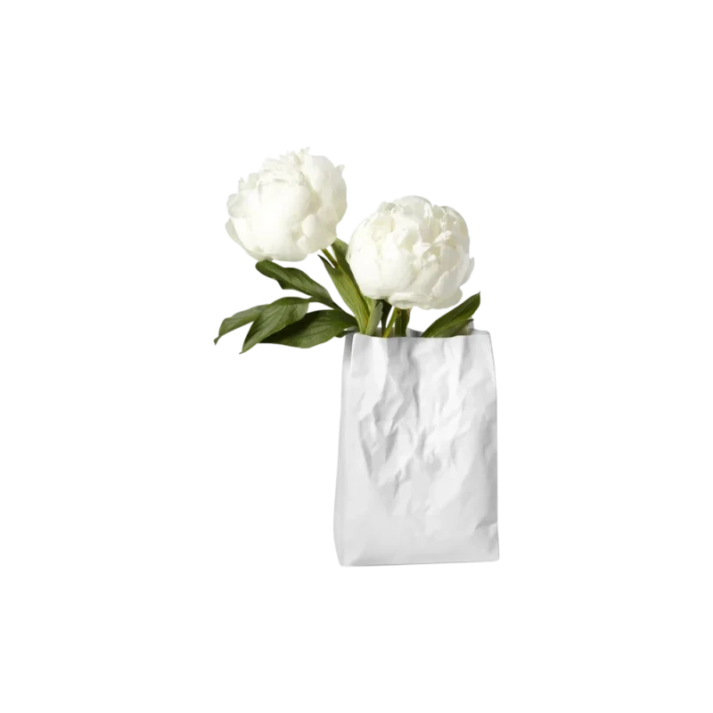 Ceramic Japan Crinkle Bag Vase — bisque porcelain vase, white crumpled paper bag shape with peonies