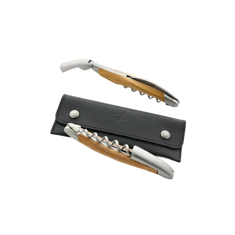 Forge de Laguiole Sommelier Corkscrew — olivewood-handled waiter's corkscrew with leather sheath, shown folded and with 5-turn stainless spiral extended