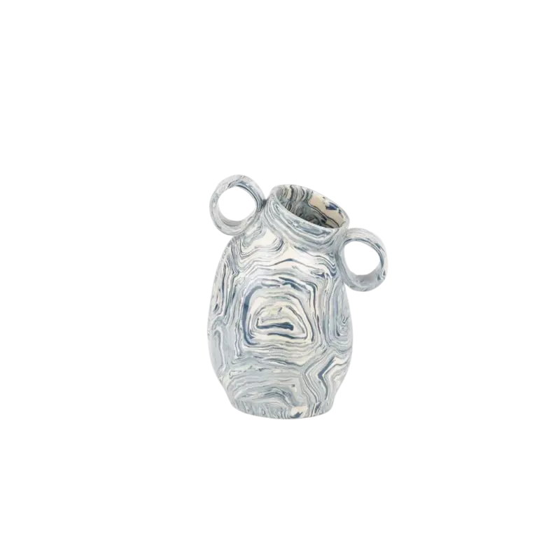 Henry Holland Studio Blue & White Agate Mini Origin Vase — handmade ceramic vase, blue and white nerikomi marbled pattern with two loop handles