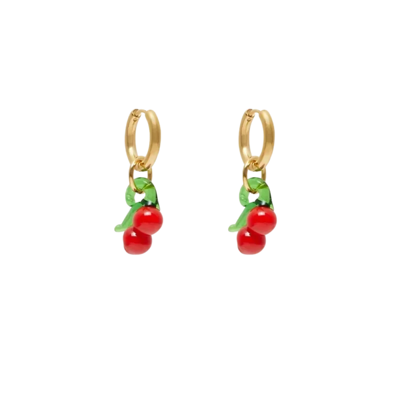 Sandralexandra Cherry Charm Hoop Earrings — lampwork glass cherry charms on gold huggie hoops