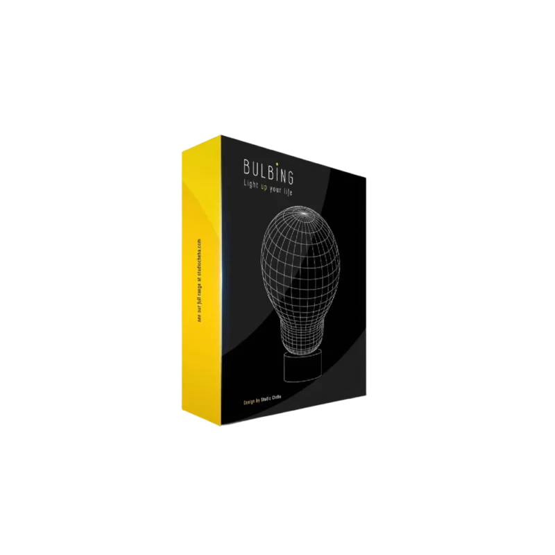 Studio Cheha BULBING Bulb Lamp — optical illusion LED lamp, black and yellow packaging with wireframe lightbulb design