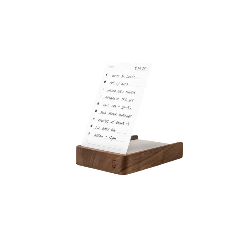Ugmonk Analog Daily Focus Kit – walnut card holder with handwritten task card, laser-engraved logo