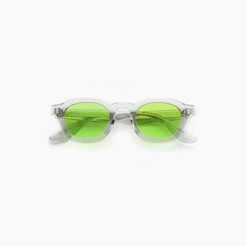 AKILA Logos Sunglasses — cement acetate frame with apple green tinted lenses, folded front view