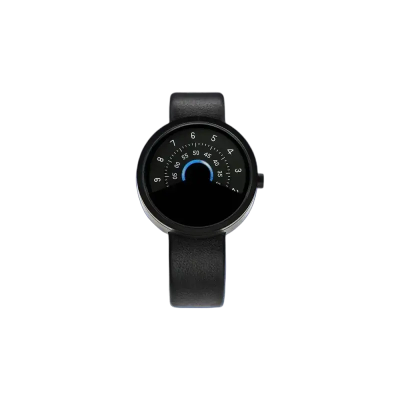 ANICORN Series 000 Automatic Watch — concentric disc watch, black PVD case with leather strap and Swiss typography dia