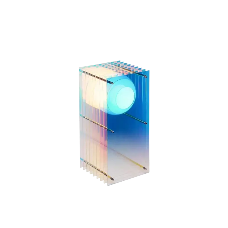 BằNG Lớp Small Rectangle in Dreamy Acrylic — dichroic acrylic table lamp, iridescent layered sheets with glowing opal sphere