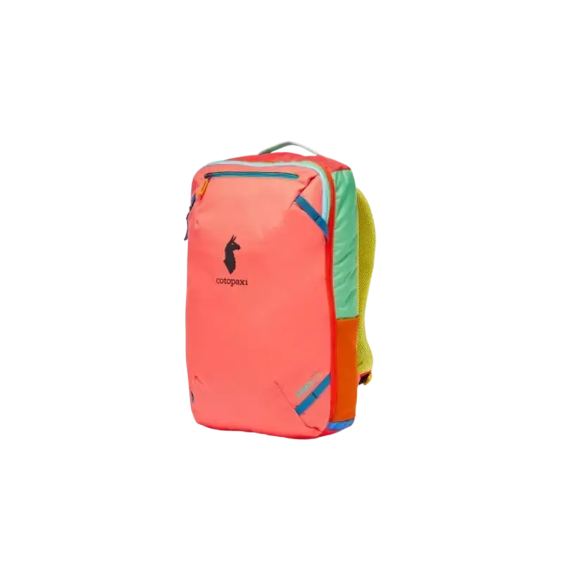 Cotopaxi Allpa 28L Del Día — travel backpack, coral pink with green, yellow, orange and blue deadstock panels