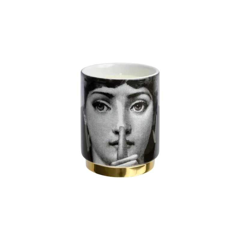 Fornasetti Silenzio Scented Candle, hand-decorated porcelain vessel with Lina Cavalieri face and gold painted base