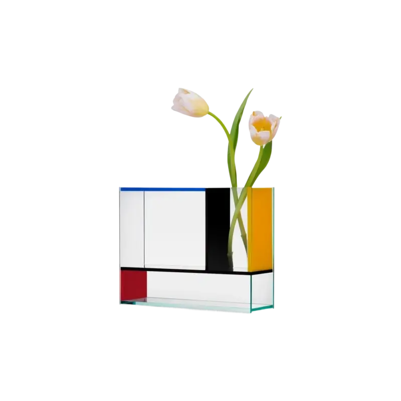 Frank Kerdil Mondri Vase Primary -- acrylic vase, primary-color geometric panels with tulips
