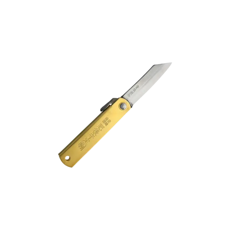 Nagao Kanekoma Higonokami Blue Paper Steel Knife — brass folding pocket knife with kanji stamped handle and blue paper steel blade