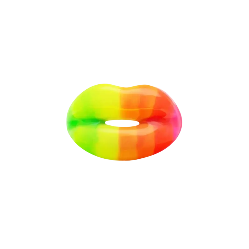Hotlips by Solange Neon Rainbow Ring, hand-painted enamel lip sculpture in neon green, yellow, orange, and pink stripes on recycled sterling silver