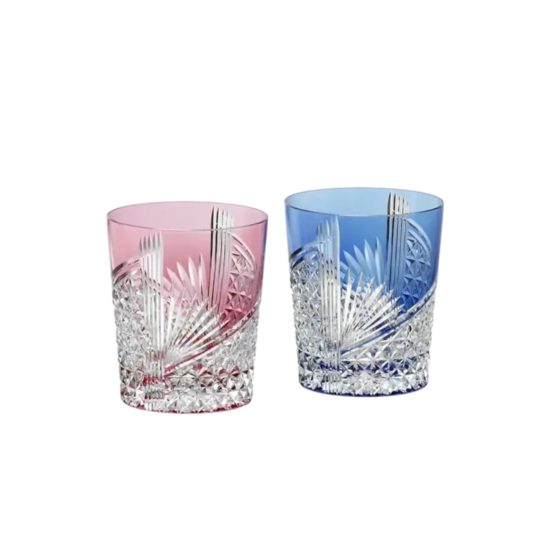 Kagami Crystal Paper Crane Whiskey Glasses - Edo Kiriko crystal pair, red and blue hand-cut paper crane pattern with diamond lattice base