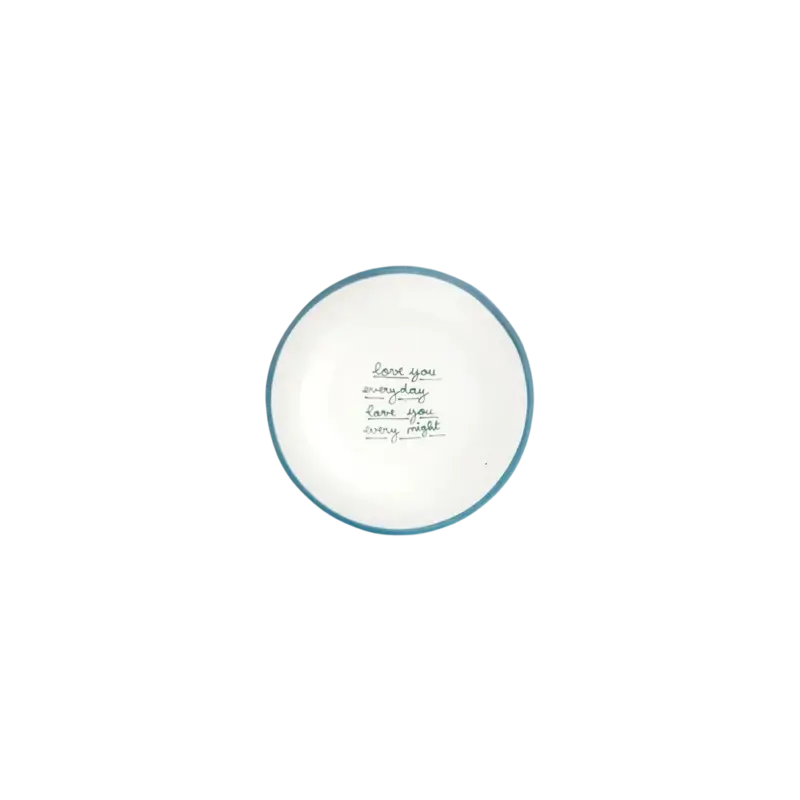 Laetitia Rouget Love You Everyday Dessert Plate – hand-painted stoneware plate, green cursive lettering on white with blue rim