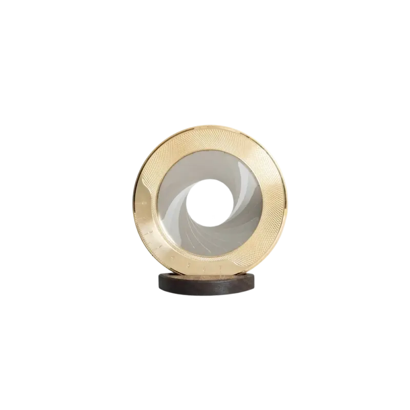 Makers Cabinet Iris drawing compass, solid brass body with camera aperture mechanism on walnut stand