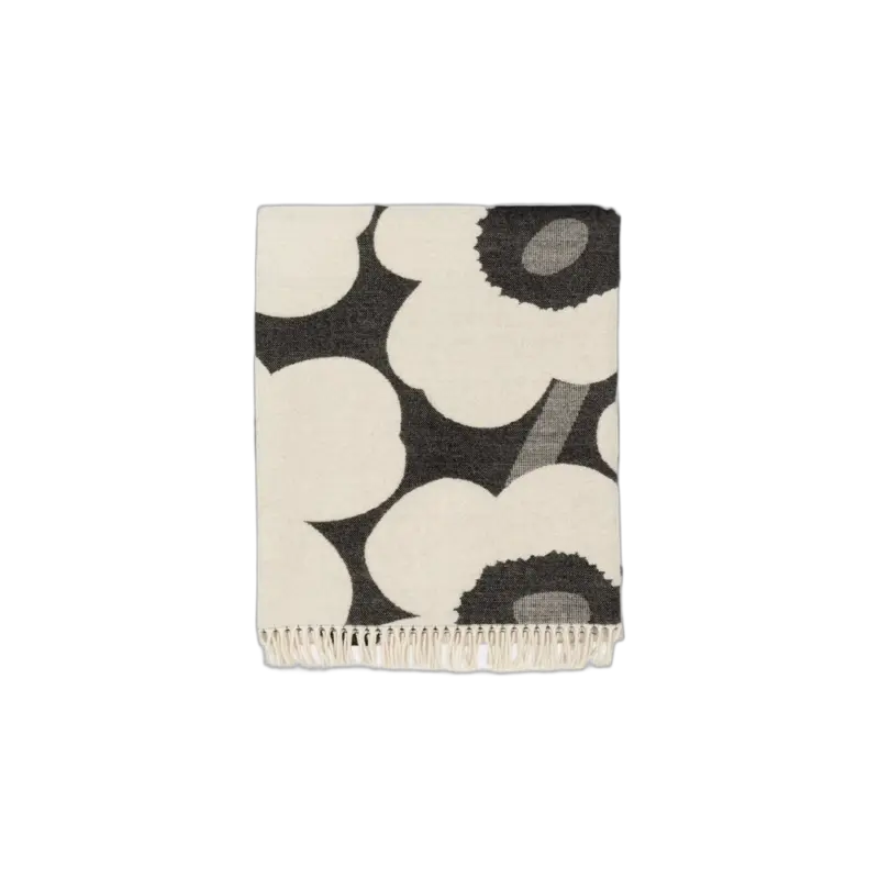 Marimekko Unikko Throw, reversible wool-blend blanket, cream and charcoal poppy jacquard with fringed edges