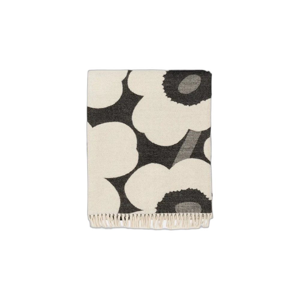 Marimekko Unikko Throw, reversible wool-blend blanket, cream and charcoal poppy jacquard with fringed edges