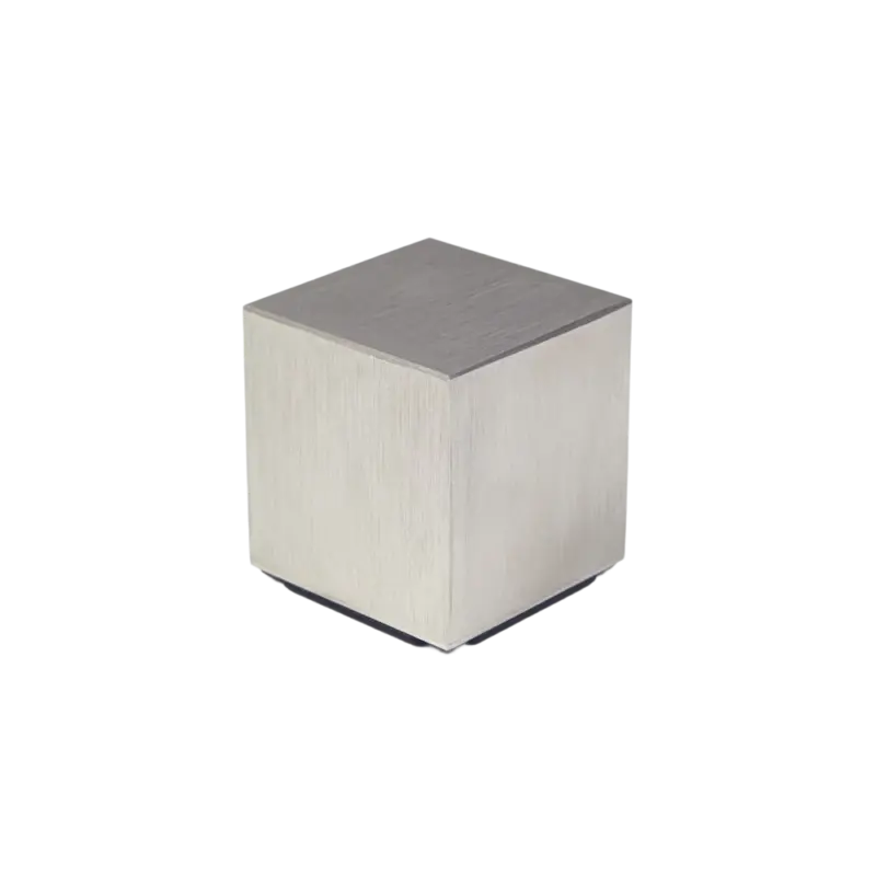 MetMo Cube -- precision wire EDM stainless steel desk toy, brushed 316 steel on SLS base