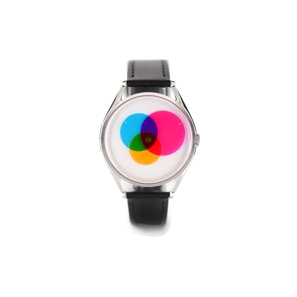 Mr Jones Watches Colour Venn — CMYK concept watch, three overlapping transparent color discs on silver dial with black leather strap