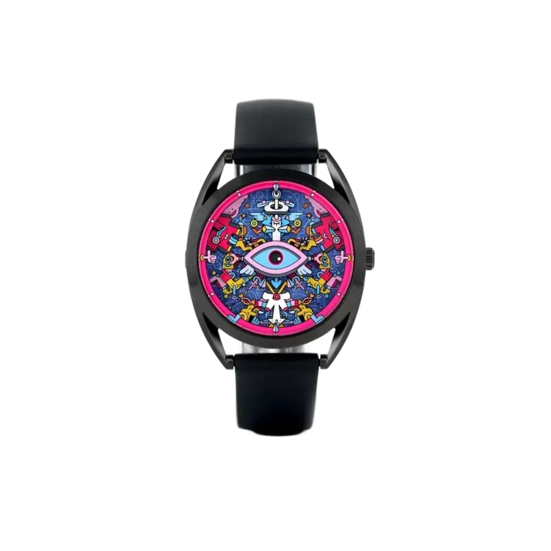 Mr Jones Watches Khaosify — illustrated watch with kaleidoscopic character dial by Mister Phil, black case and leather strap