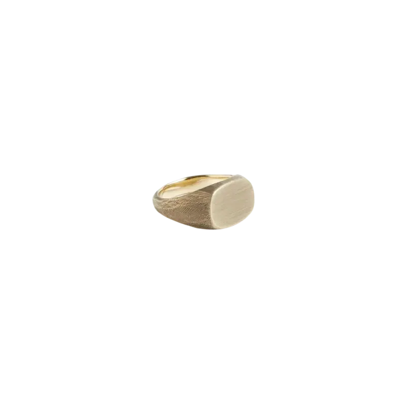 Studebaker Metals Signet Ring in brass, hand-forged with brushed face and textured band showing tool marks from Pittsburgh workshop